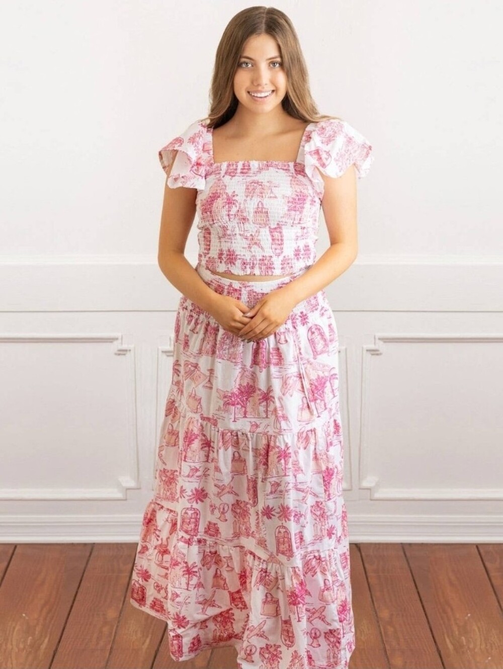8 Oak Lane Pink/White Toile Maxi Dress with Ruffle Straps